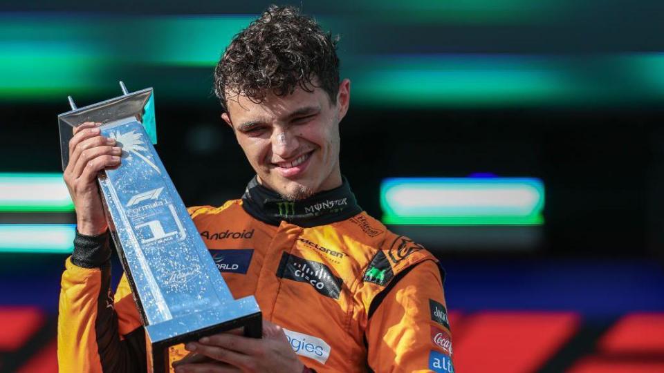 Lando Norris celebrates winning the Miami Grand Prix