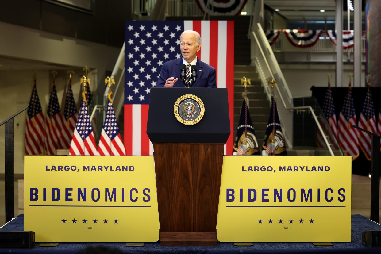 President Joe Biden delivers remarks at Prince George's Community College on September 14, 2023 in Largo, Maryland. Biden spoke on his economic plan, "Bidenomics," outlining his plan to create jobs, reduce inflation and increase wages while comparing it to the Republican's plan that he says will hurt the middle class and cut the social safety net.