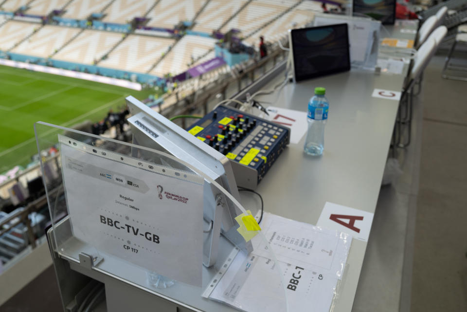 LUSAIL CITY, QATAR - NOVEMBER 22:  The BBC commentary point in the media section in the Lusail Stadium  during the FIFA World Cup Qatar 2022 Group C match between Argentina and Saudi Arabia at Lusail Stadium on November 22, 2022 in Lusail City, Qatar. (Photo by Matthew Ashton - AMA/Getty Images)