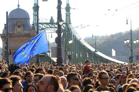 People protest against Prime Minister Orban's efforts to force a George Soros-founded university out of the country in Budapest, Hungary, April 2, 2017. REUTERS/Bernadett Szabo