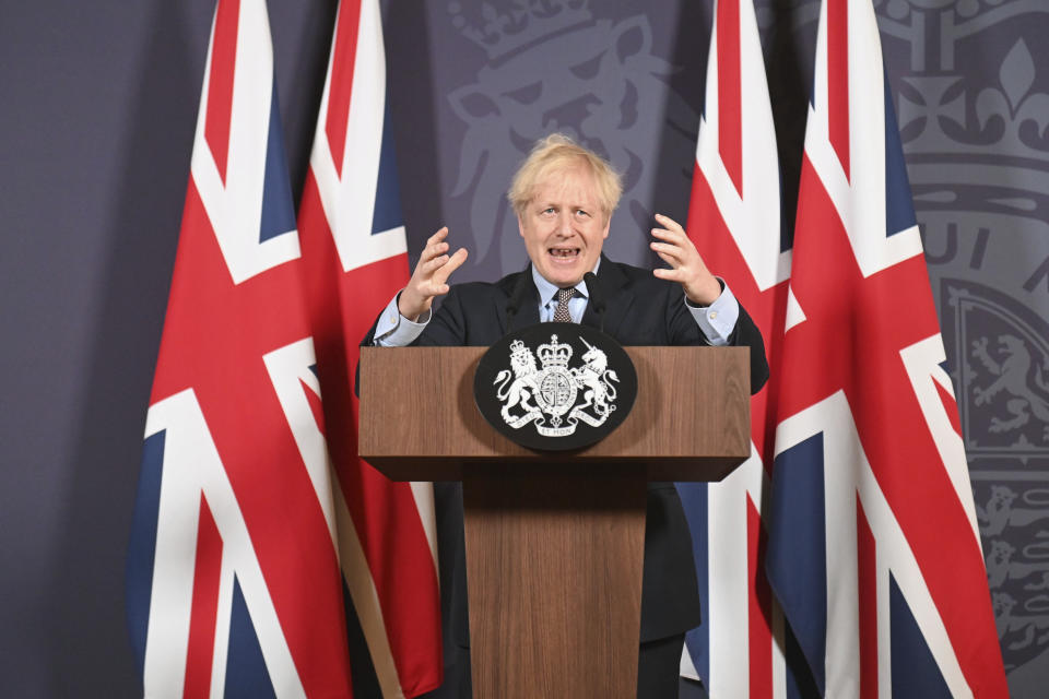 Britain's prime minister Boris Johnson speaks during a media briefing in Downing Street, London. Photo: Paul Grover/Pool Photo via AP