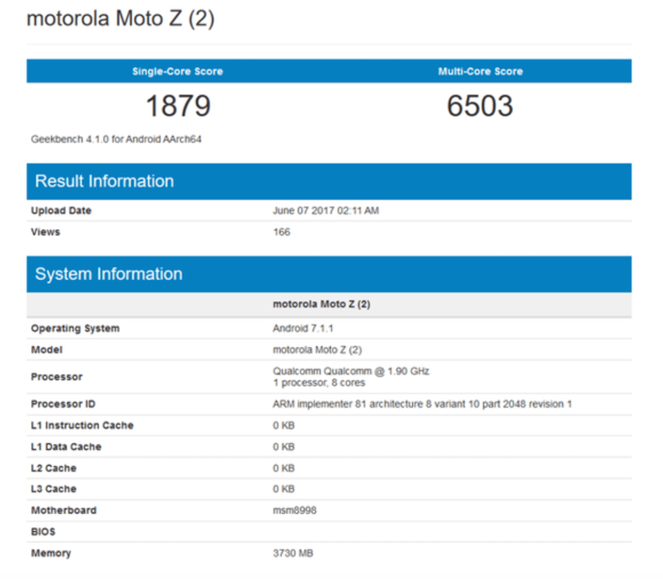 Moto Z2 規格曝光 跑分成績現身GeekBench