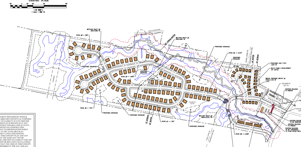 This map details how a developer hopes to build more than 100 new homes and about 40 new townhouses on currently wooded property behind the antiques shop at 502 Post Road in Wells, Maine.