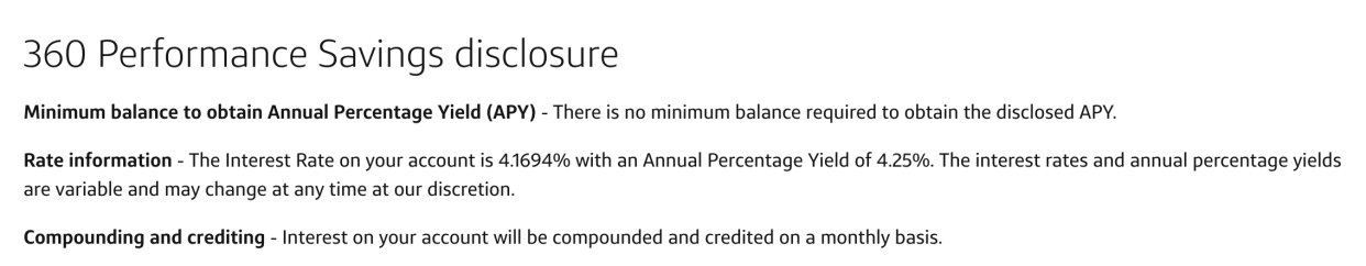 Compounding and crediting disclosure for Capital One 360 Performance Savings