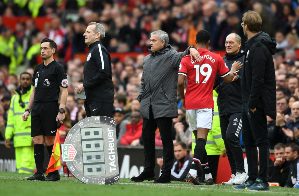 <p>Marcus Rashford is taken off after Eric Bailly’s onw goal </p>