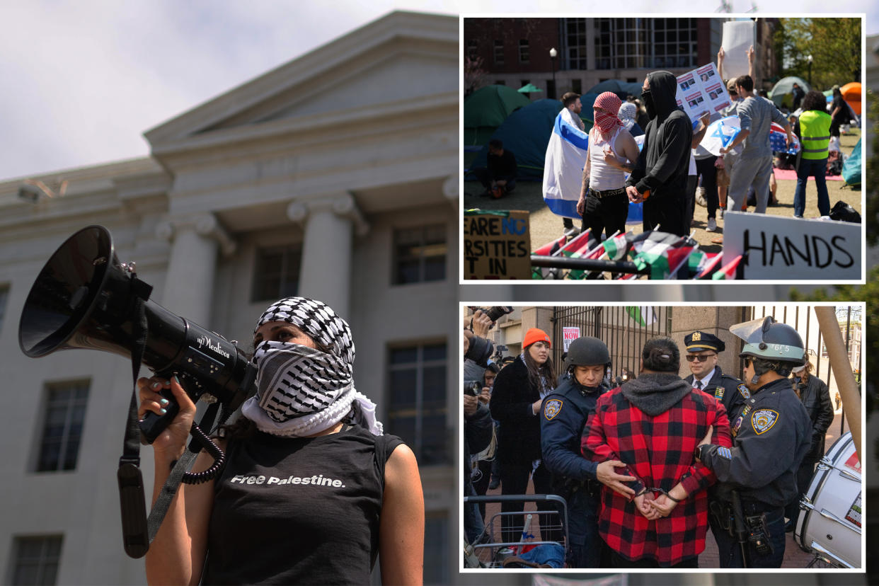 A composite: at left, a pro-Palestinian protester uses a bullhorn during a demonstration in front of Sproul Hall on the UC Berkeley campus; top left, two pro-Israel protestors stand together at a pro-Palestinian encampment on the lawn of Columbia University; bottom right, a male pro-Palestine protestor is arrested at the gates of Columbia.