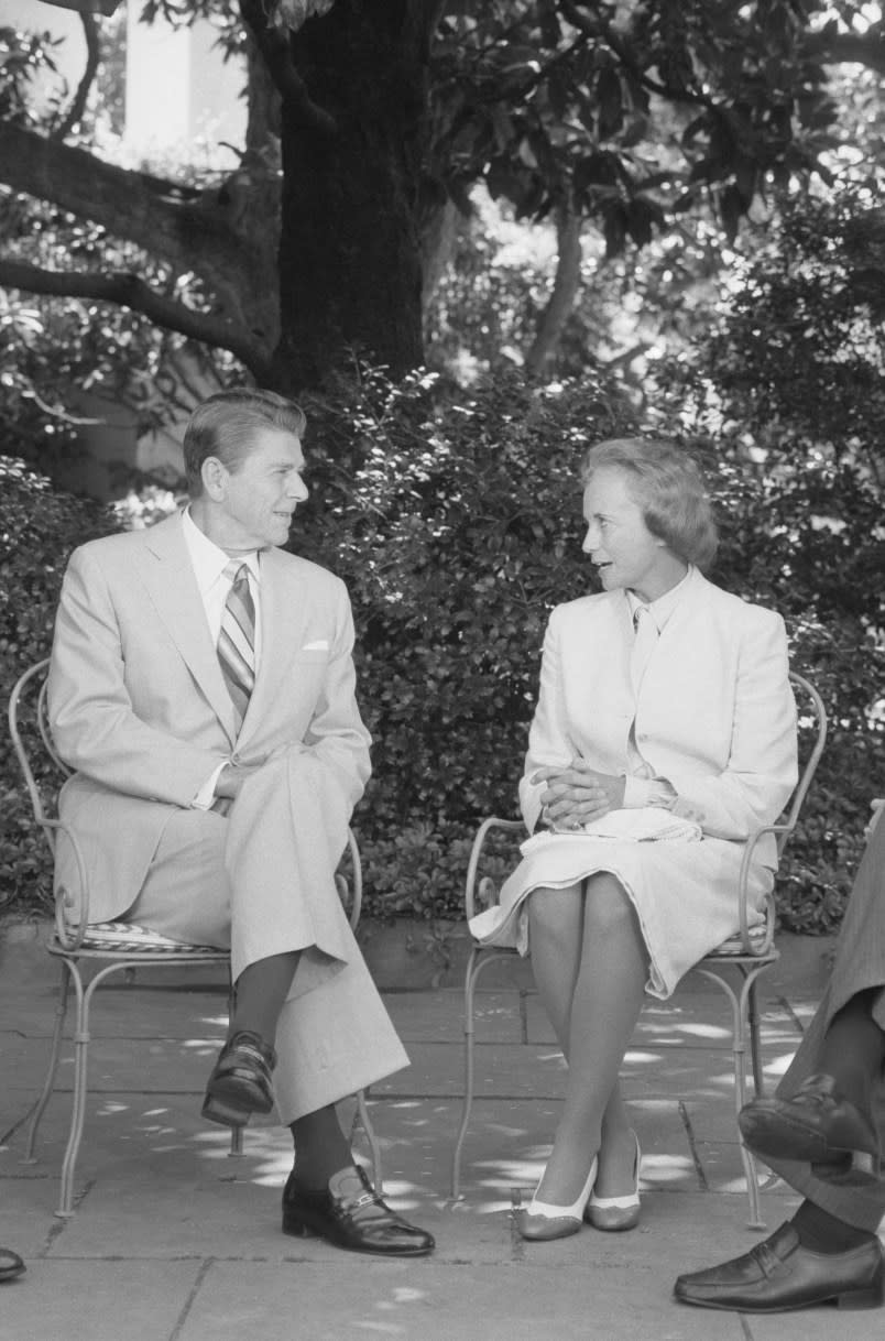 (Original Caption) July 15, 1981 – Washington: President Reagan sits with Sandra O’Connor in the Rose Garden. Judge O’Connor, on a courtesy call to the President, was chosen by Reagan to be the first woman Supreme Court Justice.