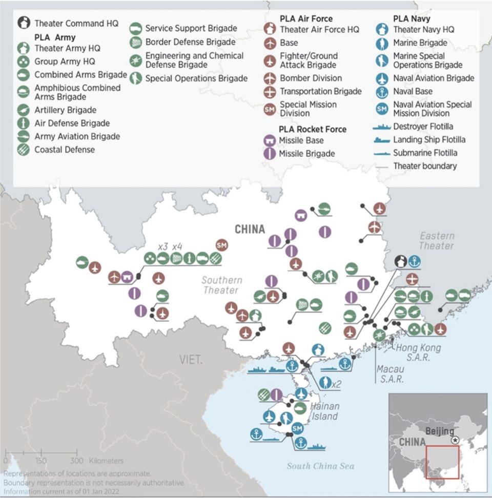 A map depicting the location of Chinese military units assigned to the Southern Theater Command