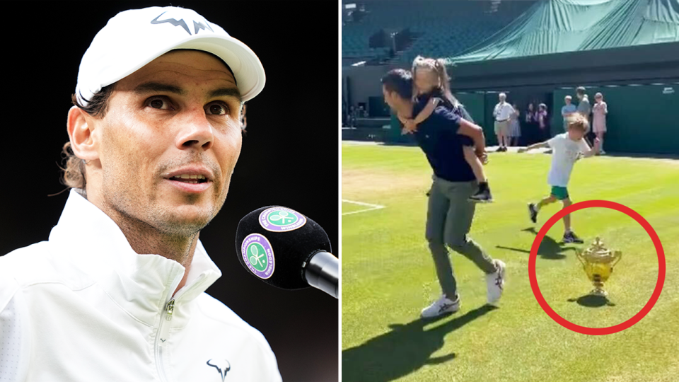 Rafa Nadal (pictured left) speaking after a Wimbledon match and (pictured right) Novak Djokovic running around with his two children on Centre Court after winning the Wimbledon title. 