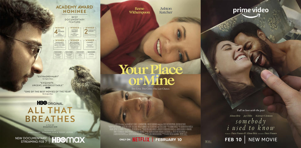 This combination of photos shows promotional art for "All That Breathes," premiering Feb. 7 on HBO Max, "Your Place or Mine," premiering Feb. 10 on Netflix and "Somebody I Used To Know," premiering Feb. 10 on Amazon. (HBO Max/Netflix/Amazon via AP)