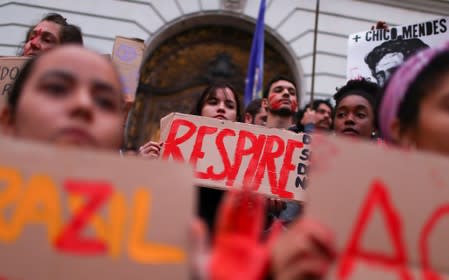 Brazilians attend a demonstration to demand more protection for the Amazon rainforest, in Rio de Janeiro