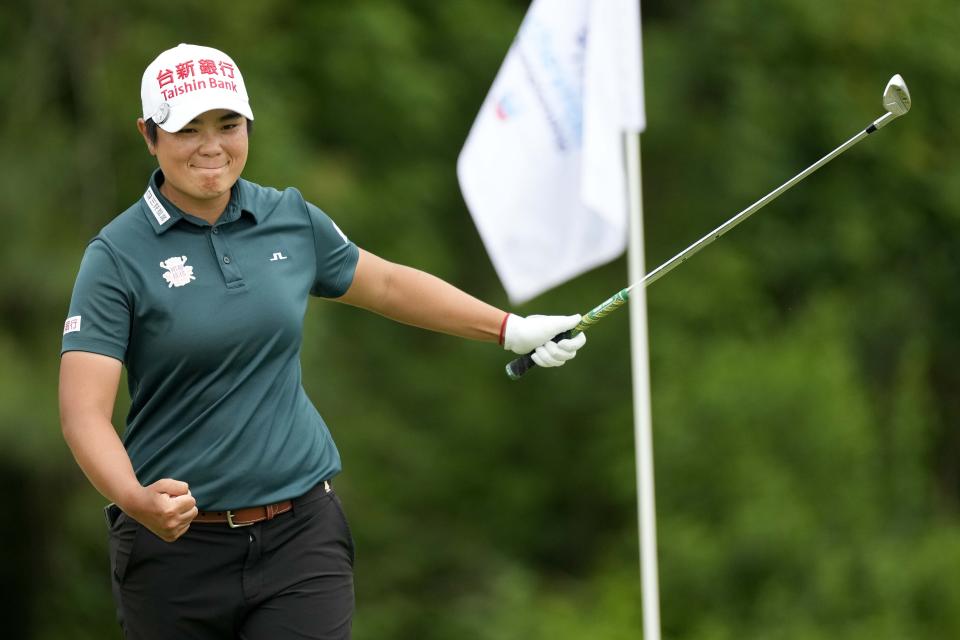 Peiyun Chien, of Taiwan, celebrates after a birdie on the eighth hole during the Chevron Championship women's golf tournament at The Club at Carlton Woods on Thursday, April 20, 2023, in The Woodlands, Texas. (AP Photo/David J. Phillip)