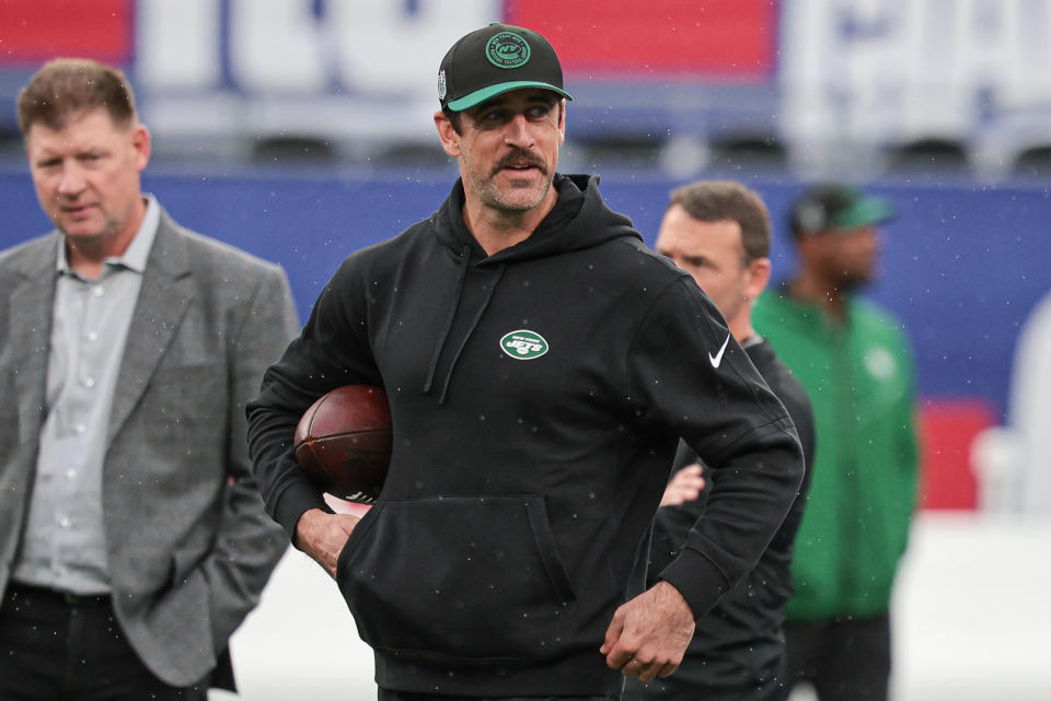 Oct 29, 2023; East Rutherford, New Jersey, USA; New York Jets quarterback Aaron Rodgers (8) on the field before the game against the <a class="link " href="https://sports.yahoo.com/nfl/teams/ny-giants/" data-i13n="sec:content-canvas;subsec:anchor_text;elm:context_link" data-ylk="slk:New York Giants;sec:content-canvas;subsec:anchor_text;elm:context_link;itc:0">New York Giants</a> at MetLife Stadium. Mandatory Credit: Vincent Carchietta-USA TODAY Sports