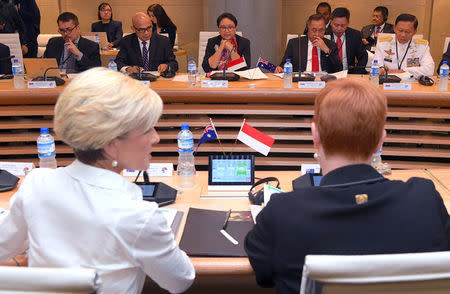 Indonesia's Defence Minister Ryamizard Ryacudu and Foreign Minister Retno Marsudi hold bilateral talks with Australia's Foreign Minister Julie Bishop and Defence Minister Marise Payne in Sydney, Australia, March 16, 2018. William West/Pool via REUTERS