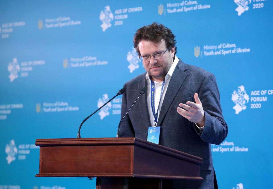 Visiting Senior Fellow at the Institute of Global Affairs at the London School of Economics Peter Pomerantsev delivers a speech at the NSC Olimpiyskiy, Kyiv, capital of Ukraine. (Hennadii Minchenko/ Ukrinform/Barcroft Media via Getty Images)