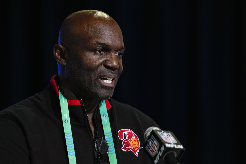 Tampa Bay Buccaneers head coach Todd Bowles speaks during a press conference at the NFL football scouting combine in Indianapolis, Tuesday, Feb. 28, 2023. (AP Photo/Michael Conroy)