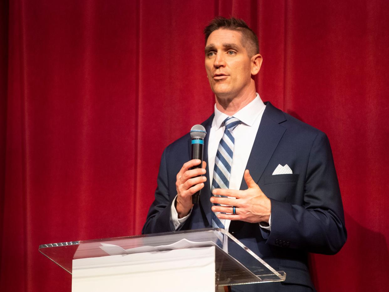 Jon Rysewyk, finalist for the Knox County Schools superintendent position, answers questions during a community forum at Bearden High School on Thursday, February 17, 2022. Rysewyk is currently an assistant superintendent for Knox County Schools