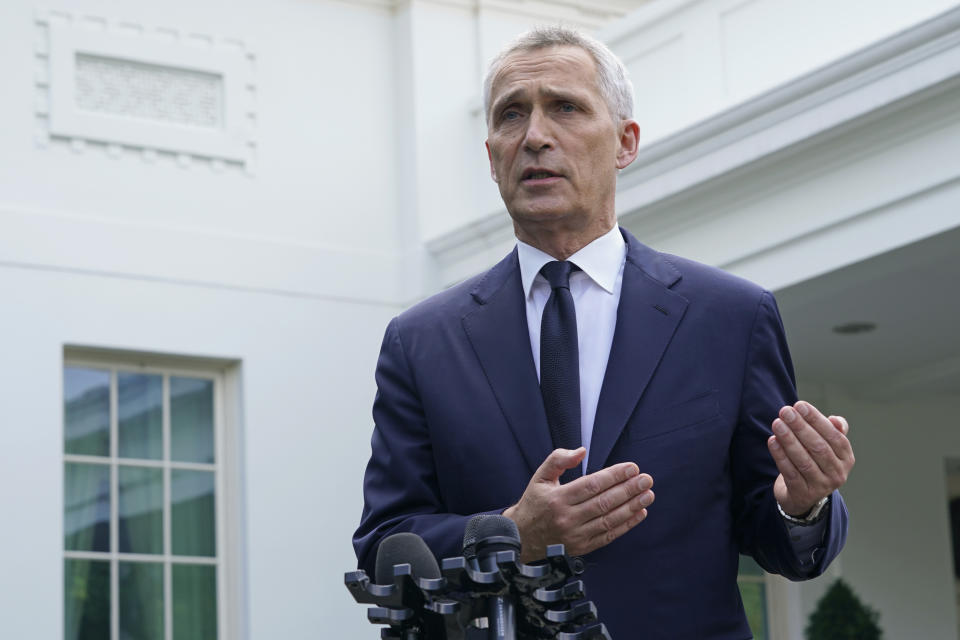 FILE - NATO Secretary General Jens Stoltenberg speaks to reporters outside the West Wing of the White House following his meeting with President Joe Biden at the White House in Washington, Tuesday, June 13, 2023. Biden will spend four days in three nations next week as he travels through Europe tending to alliances that have been tested by Russia's invasion of Ukraine. The centerpiece of the trip will be the annual NATO summit, this year in the Lithuanian capital of Vilnius. (AP Photo/Susan Walsh, File)