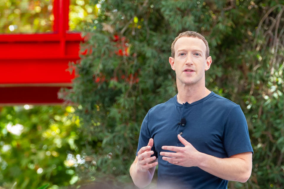 September 27, 2023, USA, Menlo Park: Founder and head of Facebook's Meta Group, Mark Zuckerberg, showcases new AI devices and offerings at the Meta Connect developer conference.  Among other things, the Quest 3 glasses were announced, designed to integrate digital content into real environments.  Photo: Andrej Sokolow/dpa (Photo by Andrej Sokolow/picture Alliance via Getty Images)