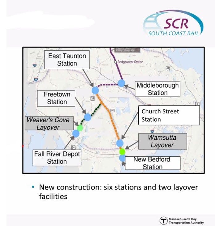 Layout of the planned South Coast Rail passenger and layover stations in East Taunton, Middleboro, Fall River and New Bedford.