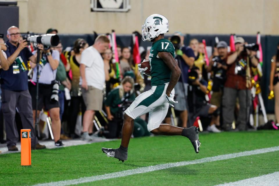 Michigan State wide receiver Tre Mosley (17) scores a touchdown against Western Michigan during the second half at Spartan Stadium in East Lansing on Friday, Sept. 2, 2022.