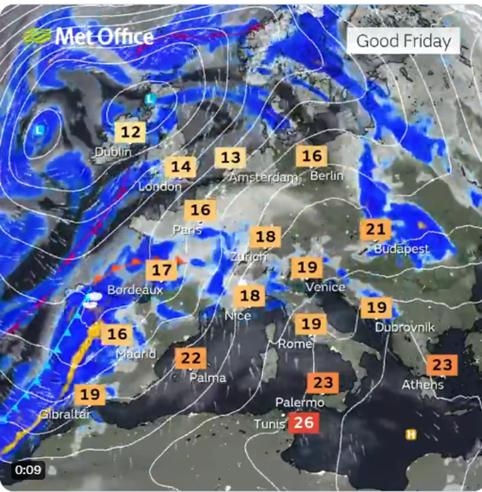 Good Friday weather map for the UK and mainland Europe (Met Office)