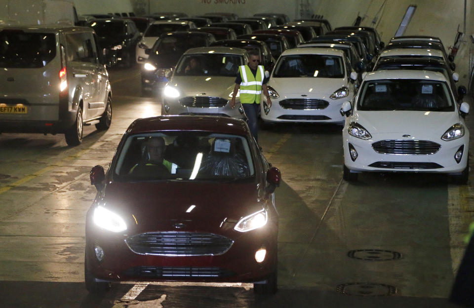 Ford cars arrive via ship at the Ford Dagenham diesel engine plant in London, Friday, July 21, 2017 for further delivery. (AP Photo/Frank Augstein)