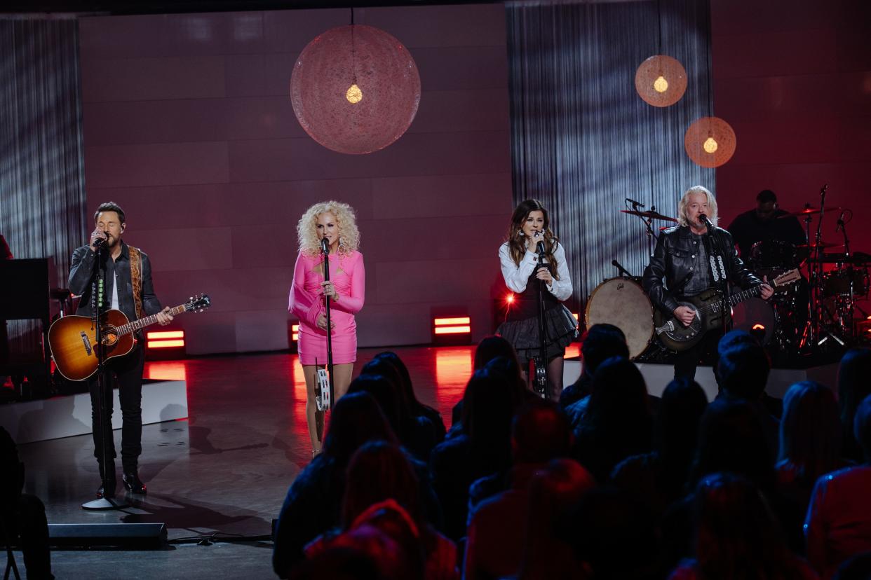 Little Big Town's Jimi Westbrook, Kimberly Schlapman, Karen Fairchild and Philip Sweet perform at CMT Storytellers at World Wide Stages on February 22, 2024 in Spring Hill, Tennessee.