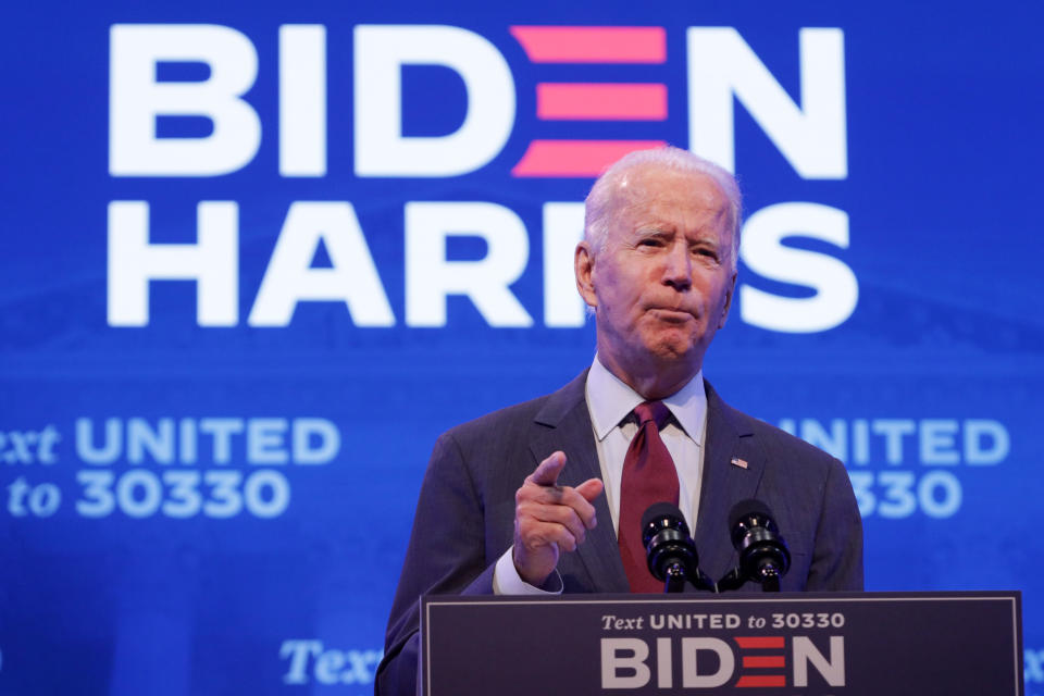 WILMINGTON, DELAWARE - SEPTEMBER 27: Democratic presidential nominee Joe Biden speaks during a campaign event on September 27, 2020 in Wilmington, Delaware. Biden spoke on President Trump’s new U.S. Supreme Court nomination. (Photo by Alex Wong/Getty Images)