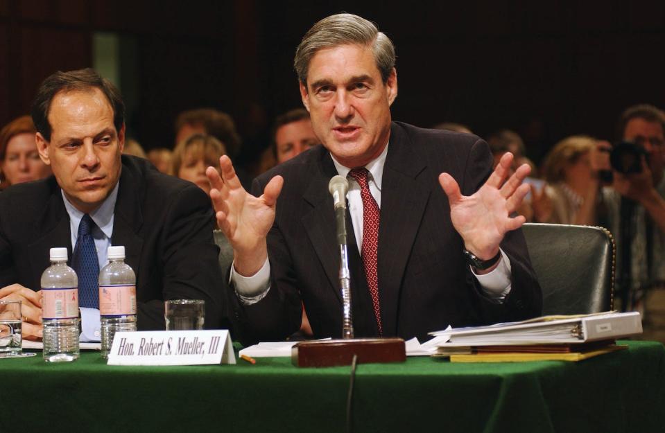 On June 6, 2002, FBI Director Robert S. Mueller III, right, and Glenn A. Fine, inspector general for the U.S. Department of Justice, testify at an oversight hearing before the Senate Judiciary Committee. <a href="https://www.gettyimages.com/detail/news-photo/director-robert-s-mueller-iii-right-and-glenn-a-fine-news-photo/74801279?adppopup=true" rel="nofollow noopener" target="_blank" data-ylk="slk:Scott J. Ferrell/CQ-Roll Call, Inc. via Getty Images;elm:context_link;itc:0;sec:content-canvas" class="link ">Scott J. Ferrell/CQ-Roll Call, Inc. via Getty Images</a>