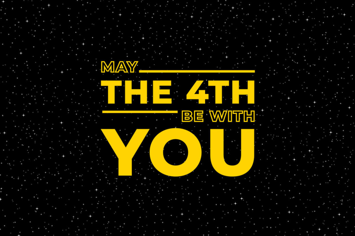  "May the 4th be with you" on a starry space background in Star Wars style. . 