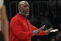 Portland Trail Blazers head coch Chauncey Billups directs his team from the bench during the first half of an NBA basketball game against the Atlanta Hawks Wednesday, March 27, 2024, in Atlanta. (AP Photo/John Bazemore)