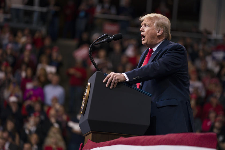 President Donald Trump speaks during a campaign rally Monday, Feb. 10, 2020, in Manchester, N.H. (AP Photo/Evan Vucci)