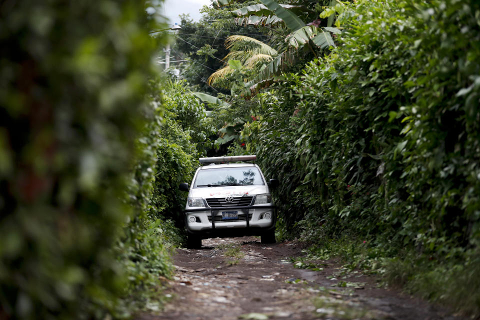 In this Oct. 10, 2019, police do a routine patrol in Lourdes, La Libertad, El Salvador. Like much of Central America’s massive migration of recent years, the driving force has been fear. (AP Photo/Eduardo Verdugo)