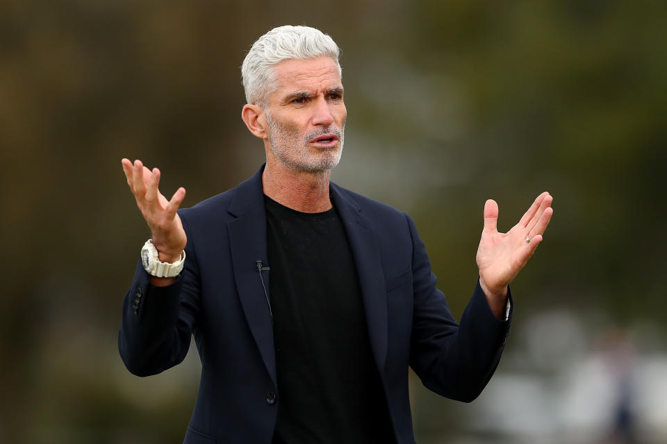 Seen here, Craig Foster AM speaks on a broadcast during the Victoria Women's State League 4 West competition match between the Melbourne Victory Afghan Women's Team and the Melton Phoenix. 