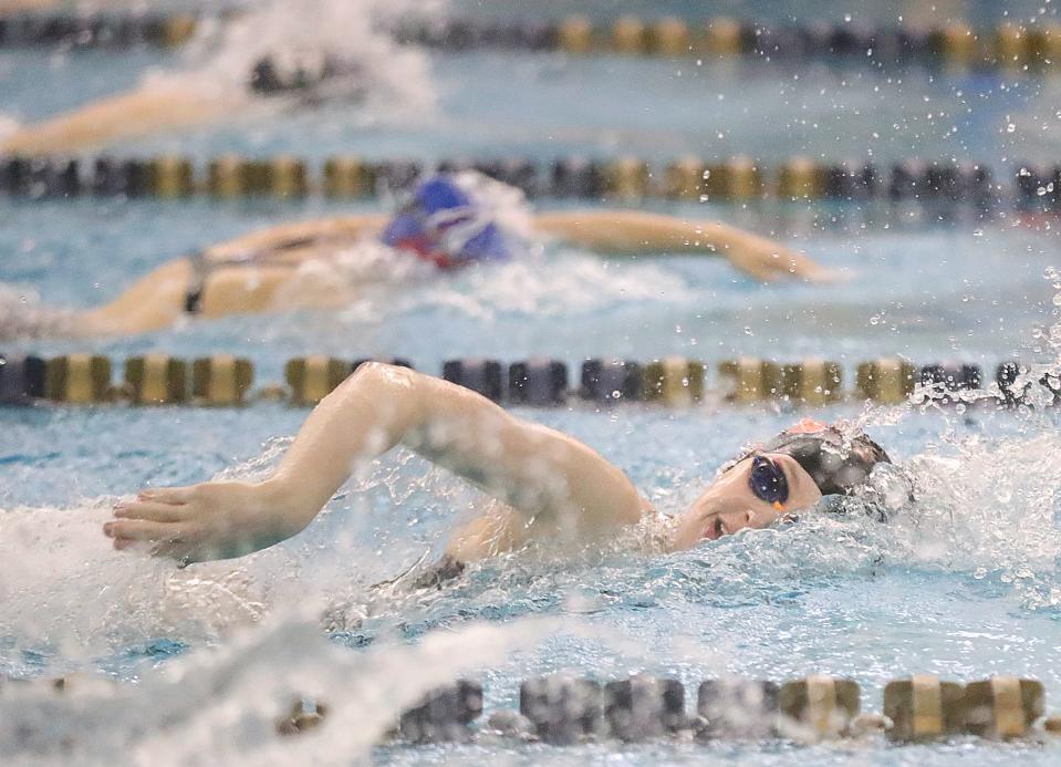 Marlington's Claire Cox wins the 100-yard freestyle at the Division II Sectional Championships on Friday, Feb. 10, 2023, at the University of Akron.