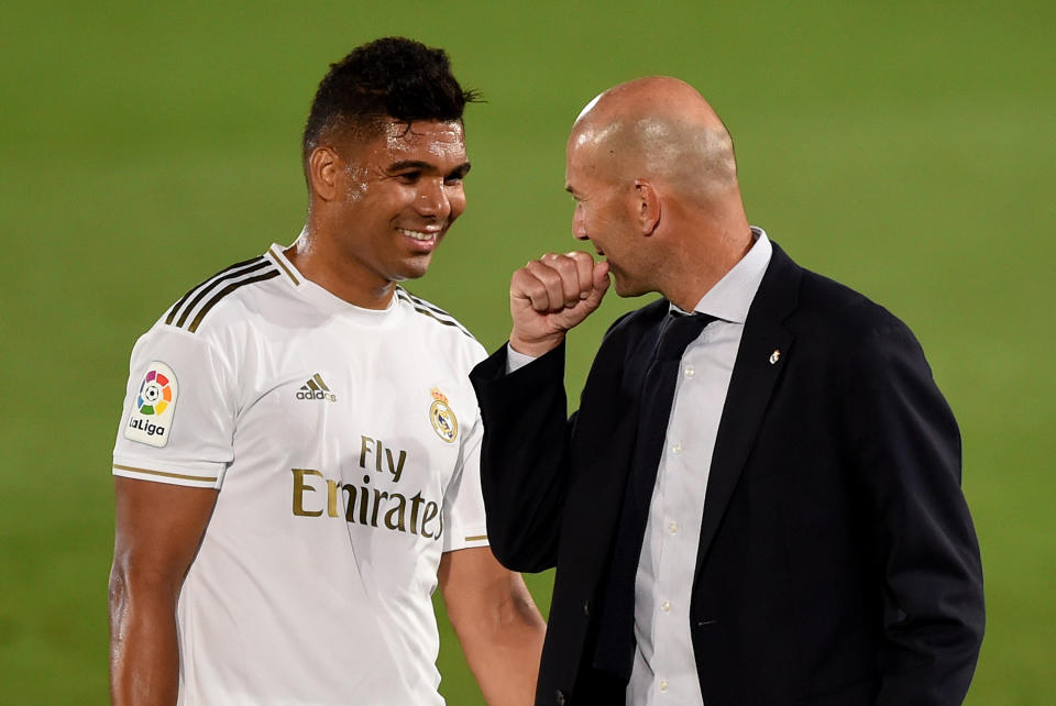 Casemiro, Zinedine Zidane and Real Madrid are only about to win La Liga because they're favored by the referees. Or something. (Photo by Denis Doyle/Getty Images)