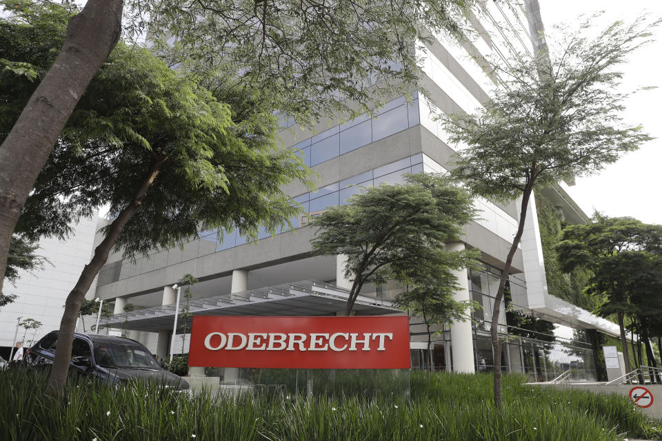 FILE - This April 12, 2018 file photo, shows the Odebrecht headquarters in Sao Paulo, Brazil. Brazil's top court is expected to make a ruling during the first week of Oct. 2019, that could lead to the annulment of dozens of cases brought by the sprawling Operation Car Wash that has snared top politicians and businesspeople across Latin America. (AP Photo/Andre Penner, File)