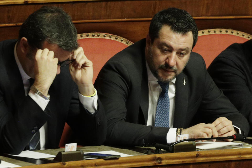 The League leader Matteo Salvini attends a debate at Senate, prior to a vote on lifting his parliamentary immunity, on the case of an Italian coast guard ship Gregoretti, which was blocked for days when he was Minister of Interior before letting migrants disembark. (AP Photo/Andrew Medichini)