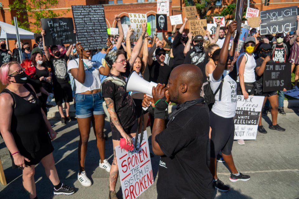 A speaker at a protest near Music Hall on Wednesday, the sixth consecutive day of demonstrations in Cincinnati, Ohio. (Photo: NurPhoto via Getty Images)