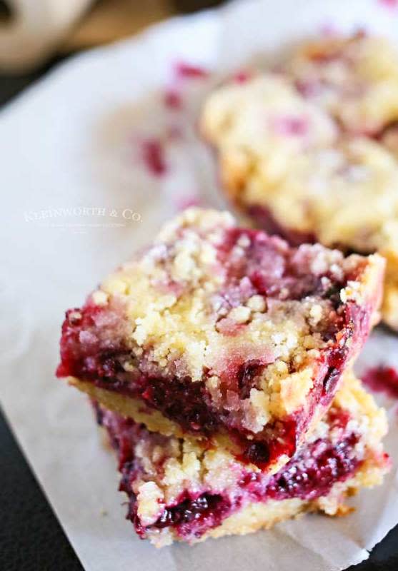 <p>These blackberry crumb bars are packed with sweet blackberries and a buttery crust and crumble topping. Perfect to serve at all your spring and summer events.</p><p><strong>Get the recipe: <a href="https://www.kleinworthco.com/blackberry-crumb-bars/" rel="nofollow noopener" target="_blank" data-ylk="slk:Blackberry Crumb Bars;elm:context_link;itc:0;sec:content-canvas" class="link ">Blackberry Crumb Bars</a></strong></p><p><strong>Related: <a href="https://www.yahoo.com/lifestyle/25-satisfying-spring-desserts-starring-020027825.html" data-ylk="slk:25 Easy Spring Dessert Recipes To Make Now;elm:context_link;itc:0;sec:content-canvas;outcm:mb_qualified_link;_E:mb_qualified_link;ct:story;" class="link  yahoo-link">25 Easy Spring Dessert Recipes To Make Now</a></strong></p>