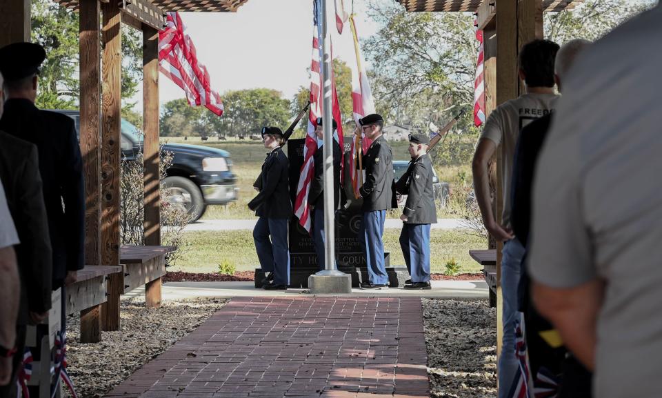 Cadets with the Army ROTC Honor Guard, Troy University’s Mustang Battalion, present the colors during a Veterans Appreciation Ceremony at the Veterans Memorial at Veterans Park, Pike Rd, Alabama, Nov. 6, 2022. This is Pike Road’s 11th year commemorating veterans.