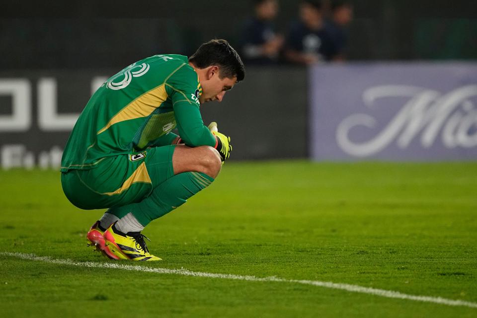 Jun 1, 2024; Pachuca, Hidalgo, Mexico; Columbus Crew goalkeeper Patrick Schulte (28) waits for the start of the Concacaf Champions Cup final against CF Pachuca at Estadio Hidalgo.