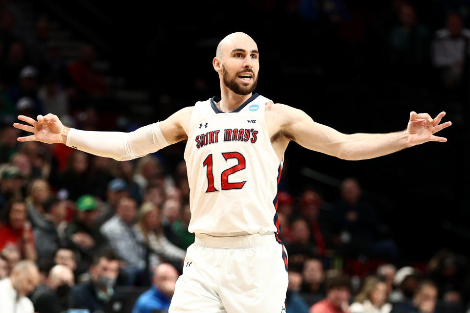PORTLAND, OREGON - MARCH 17: St. Mary's Gaels' Tommy Kuhse #12 reacts after a 3-pointer against the Indiana Hoosiers in the 2022 NCAA Men's Basketball Tournament first round game at Moda Center on March 17 2022 in Portland, Oregon.  (Photo by Ezra Shaw/Getty Images)