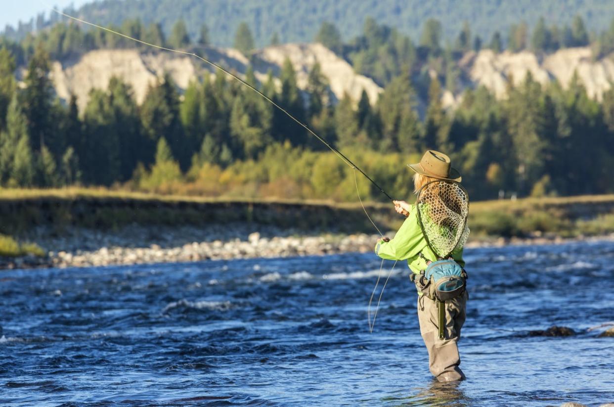 <span class="caption">Stream temperature affects the survival of fish like salmon and trout.</span> <span class="attribution"><a class="link " href="https://www.gettyimages.com/detail/news-photo/fly-fisherwoman-casting-and-fishing-british-colombia-canada-news-photo/1277721026" rel="nofollow noopener" target="_blank" data-ylk="slk:Peter Adams/Avalon/Universal Images Group via Getty Images;elm:context_link;itc:0;sec:content-canvas">Peter Adams/Avalon/Universal Images Group via Getty Images</a></span>