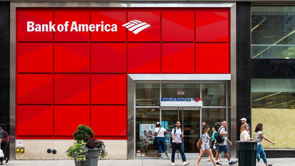 New York City, USA - July 31, 2018: Facade of a bank branch of Bank of America on the street with people around in New York City, USA - Image.