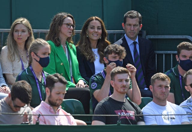 The Duchess of Cambridge sits with Sally Bolton OBE, AELTC chief executive and Tim Henman (Neil Hall/PA)