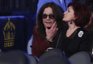 <p>Ozzy Osbourne, left, and his wife Sharon wait for the super welterweight boxing match between Floyd Mayweather Jr. and Conor McGregor, Saturday, Aug. 26, 2017, in Las Vegas. (AP Photo/Isaac Brekken) </p>