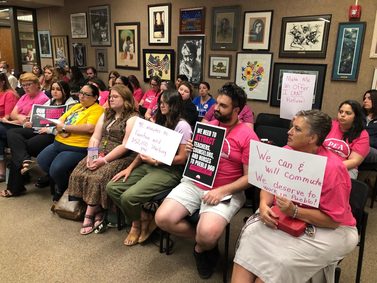 Pueblo Education Association members and supporters attend negotiations on May 30, 2023.