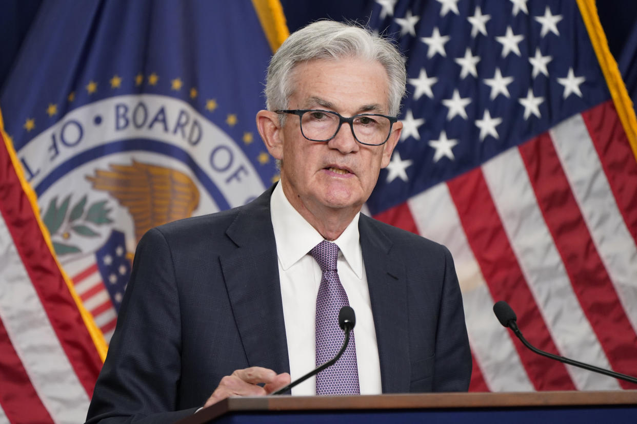 FILE - Federal Reserve Chair Jerome Powell speaks at a news conference Wednesday, Sept. 21, 2022, at the Federal Reserve Board Building, in Washington. The Federal Reserve may reach a turning point this week as it announces what's expected to be another substantial three-quarter-point hike in its key interest rate. The Fed's hikes have already led to much costlier borrowing rates, ranging from mortgages to auto and business loans. (AP Photo/Jacquelyn Martin, File)